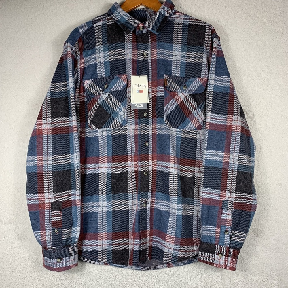 Chaps Shirt Mens XL Blue Plaid Flannel Long Sleeve Button Up Stretch Lakeland